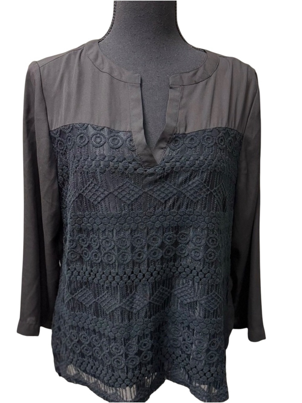Zac & Rachel Black Lace Blouse Large Sheer Boho Chic Career Top Shirt L